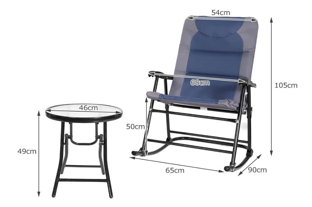 Tuinstoel – Schommelstoel – Loungestoel – Bistrostoel – Relaxstoel – 3-delige Set – Inklapbaar – Stalen Frame – Blauw