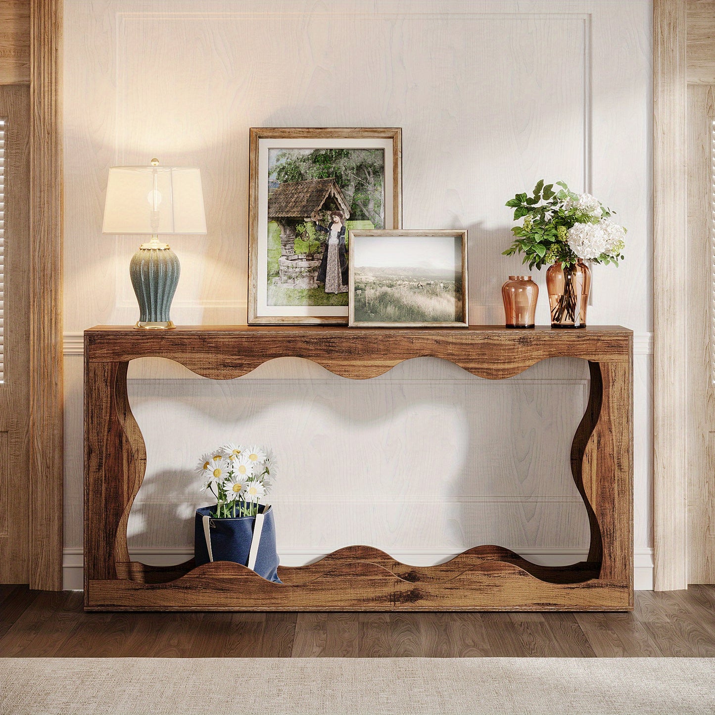Sidetable – Consoletafel – Wandtafel – Haltafel – Bijzettafel – Extra Lang 160 cm – Hout & Engineered Wood – Landelijke Bruine Afwerking – Met Opbergruimte – Smal Design – Gemakkelijk Te Monteren