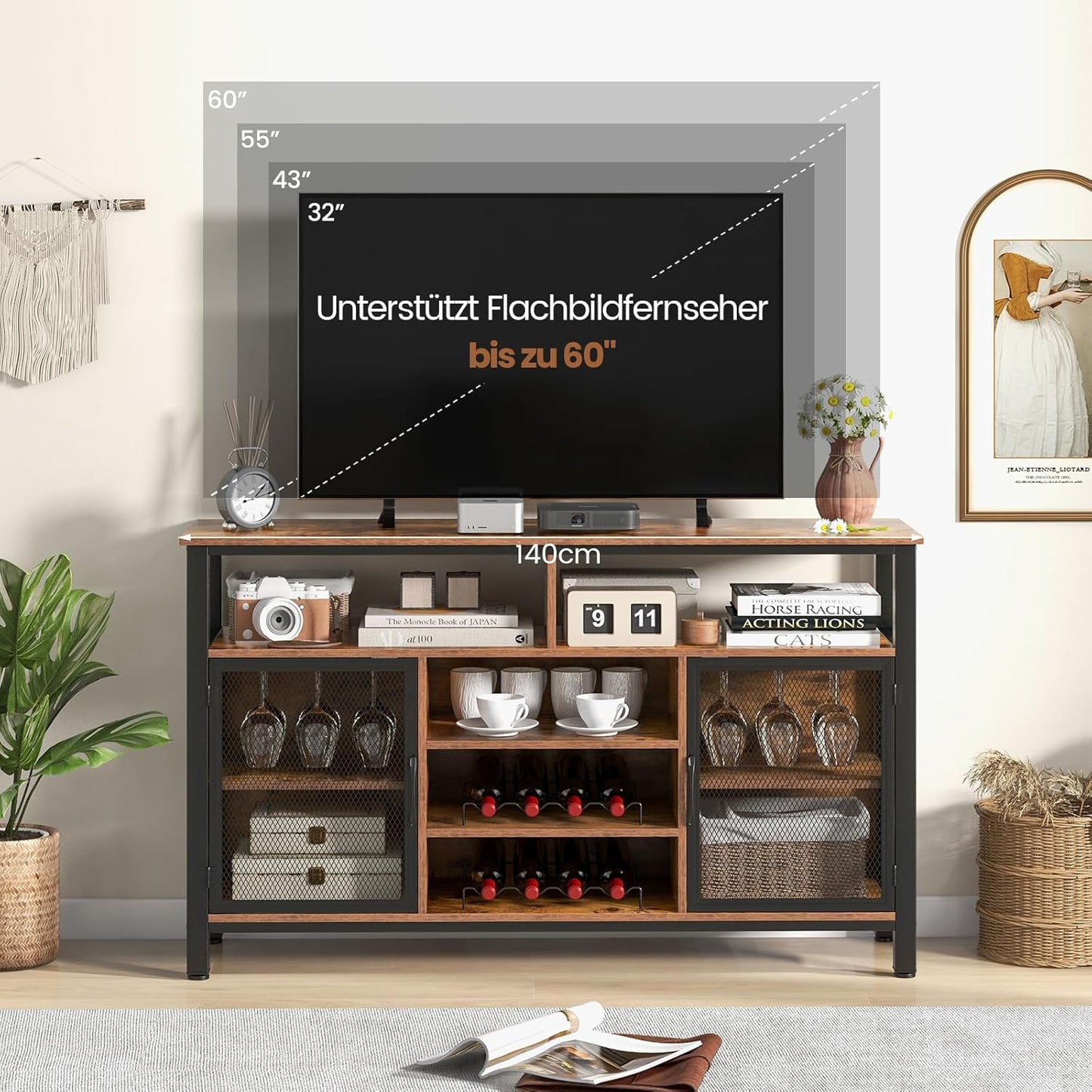 Sideboard – Dressoir – Keukenkast – Wandmeubel – Opbergkast – Met 2 Metalen Deuren – Wijnrek Met Glazenhouder – 140 x 40 x 82,5 cm – Robuust Metalen Frame – Ruime Open Vakken
