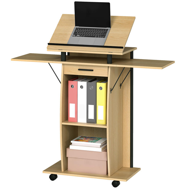 Sprekerstafel – Podium – Lectern – Rollend Presentatiegestoelte – Praatgestoelte – Inklapbare Zijvleugels – Lade & Opbergruimte – Donker Eikenhout Look