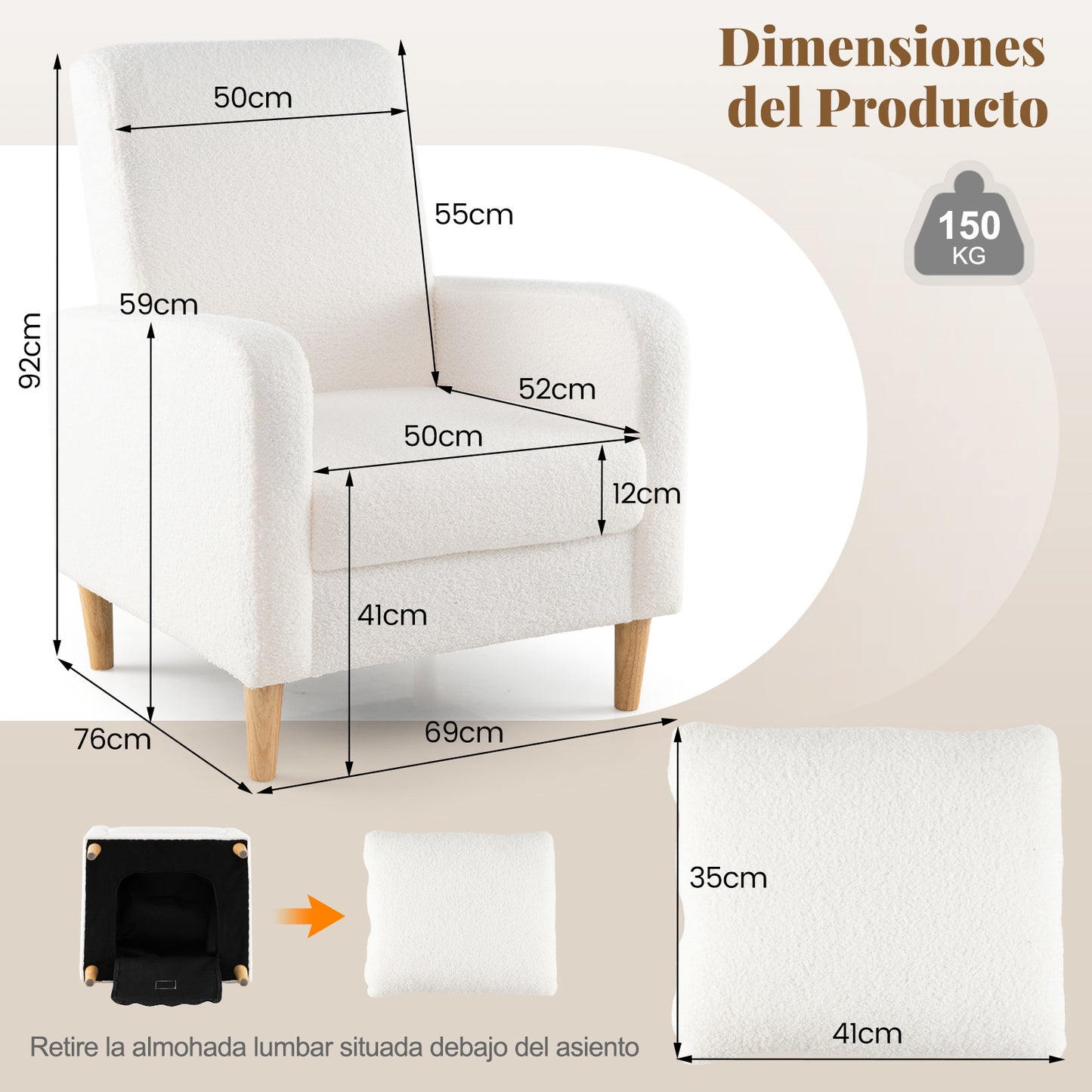 Fauteuil – Accentstoel – Relaxstoel – Loungestoel – Zetel – Teddy Fleece Bekleding – Verstelbaar Lendenkussen – Ergonomische Armleuningen