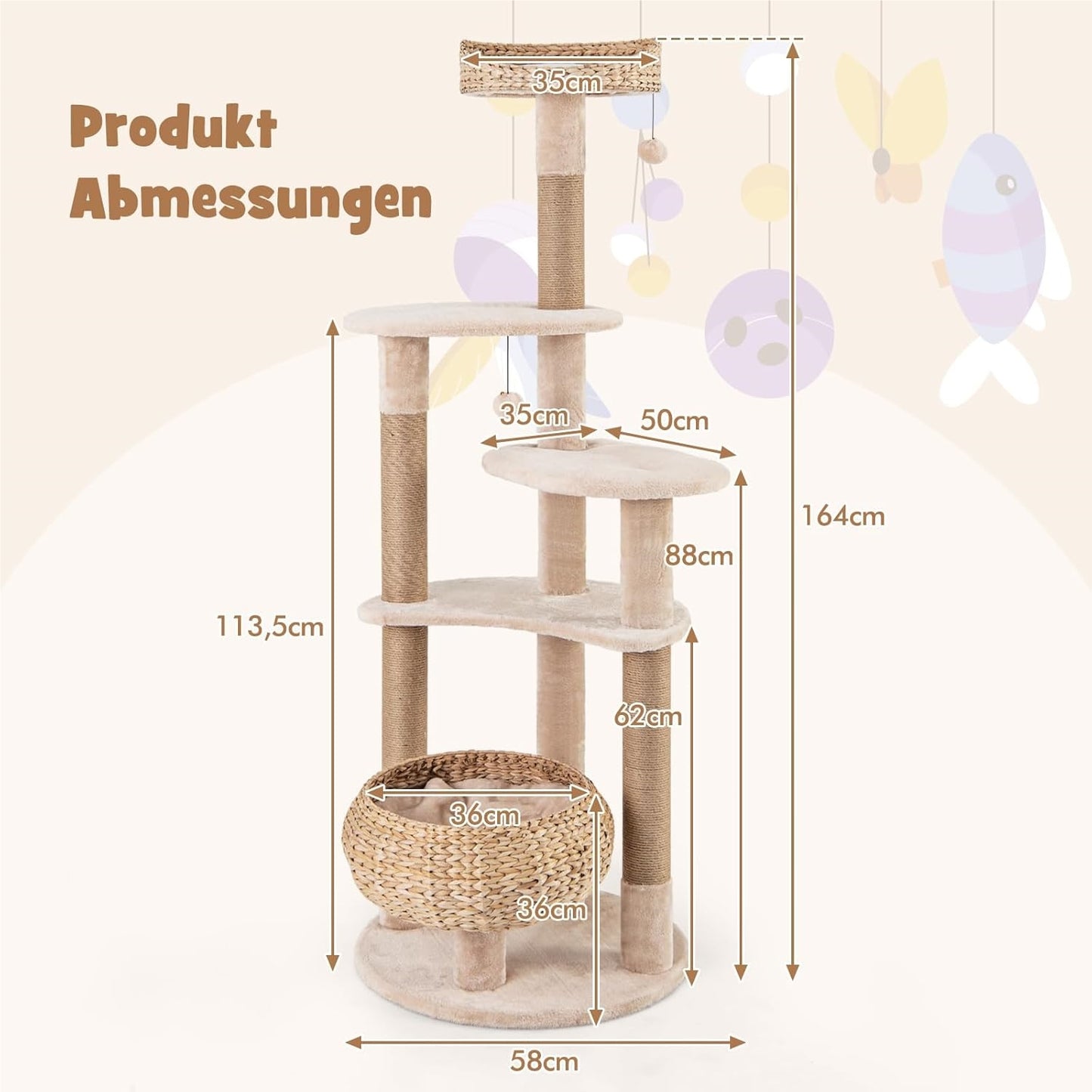 Kattenboom – Krabpaal – Klimtoren – Speelboom – Kattenmeubel – Beige Kleur – 165 cm Hoog – Duurzame Jute Krabpalen