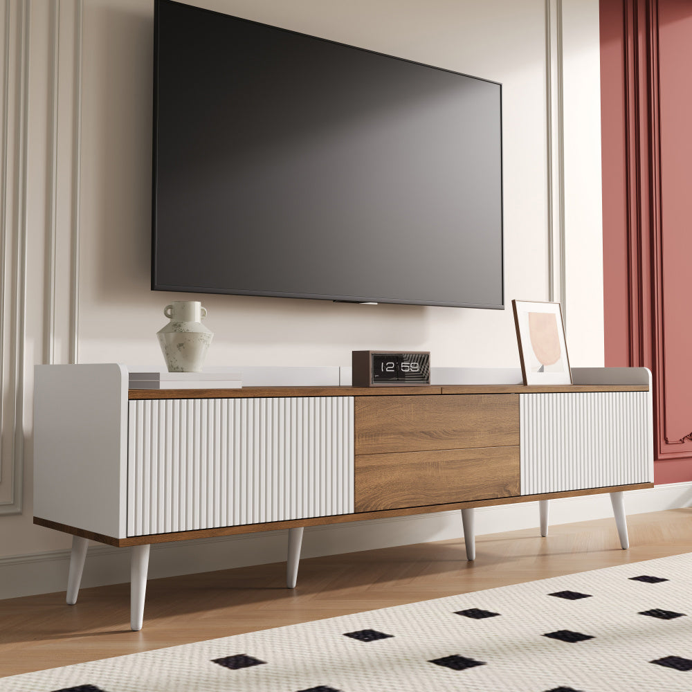 TV cabinet, TV table, TV stand, three door cabinet, compact design, white and natural wood grain finish, height 49.5cm * length 160cm * width 39cm, Media Storage, Sleek Cabinet, Modern Design, Easy Assembly, Console Table, D