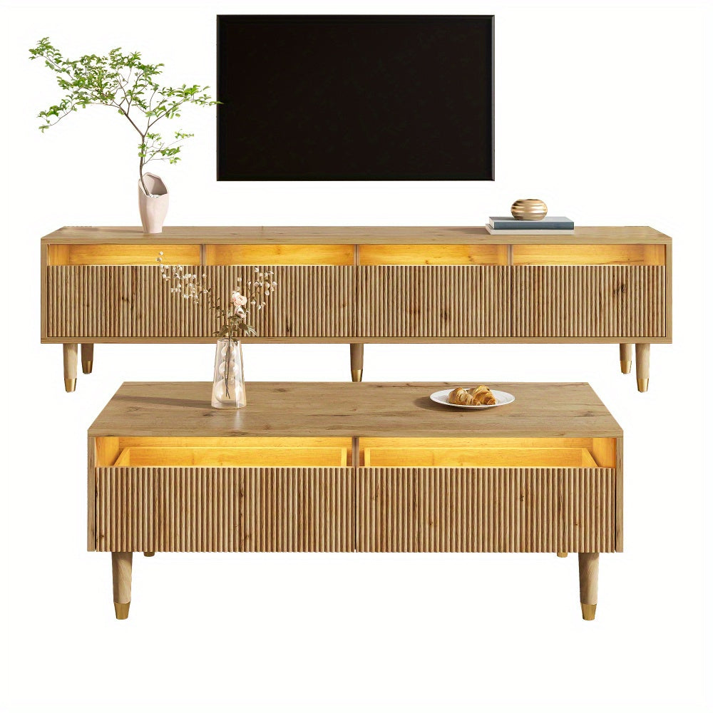 Modern Woonkamerset – Tv-kast – Salontafel – Meubelset – Opbergmeubel – Witte MDF Meubels – Gouden Details – Ruime Opbergruimte