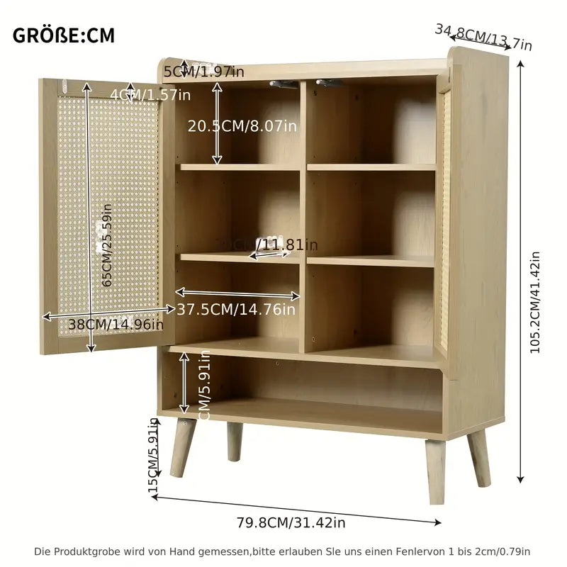 Schoenenkast – Schoenenopberger – Halkast – Schoenenrek – Schoenenbank – Modern Rotan – Dubbele Deuren – 5 Verstelbare Planken – Vrijstaand – 80 cm Breed – 27+ Inch Hoog – Natuurlijke Beige