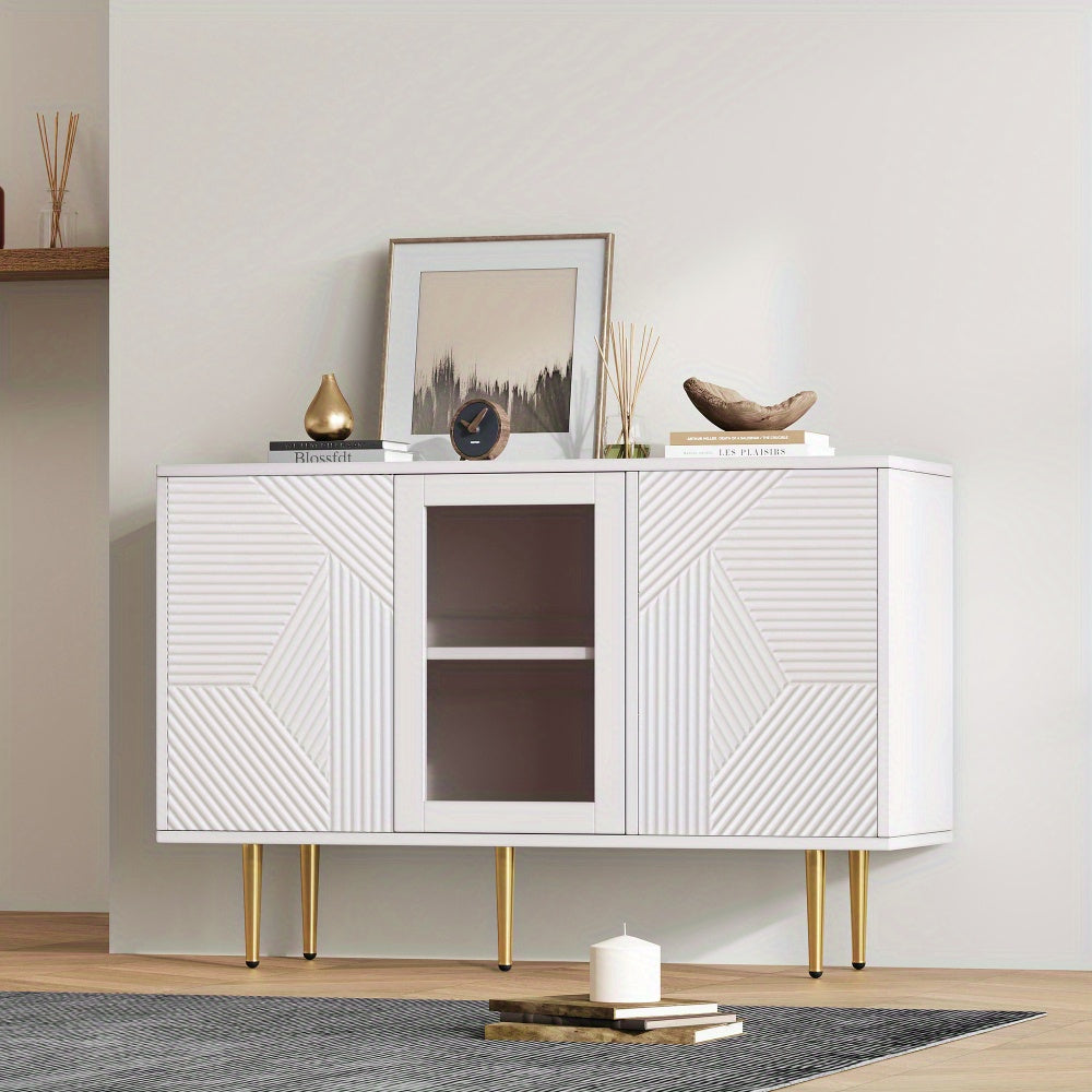 Dressoir – Sideboard – Opbergkast – Kast – Buffetkast – Modern – Glazen Deuren – Wit Met Gouden Pootjes