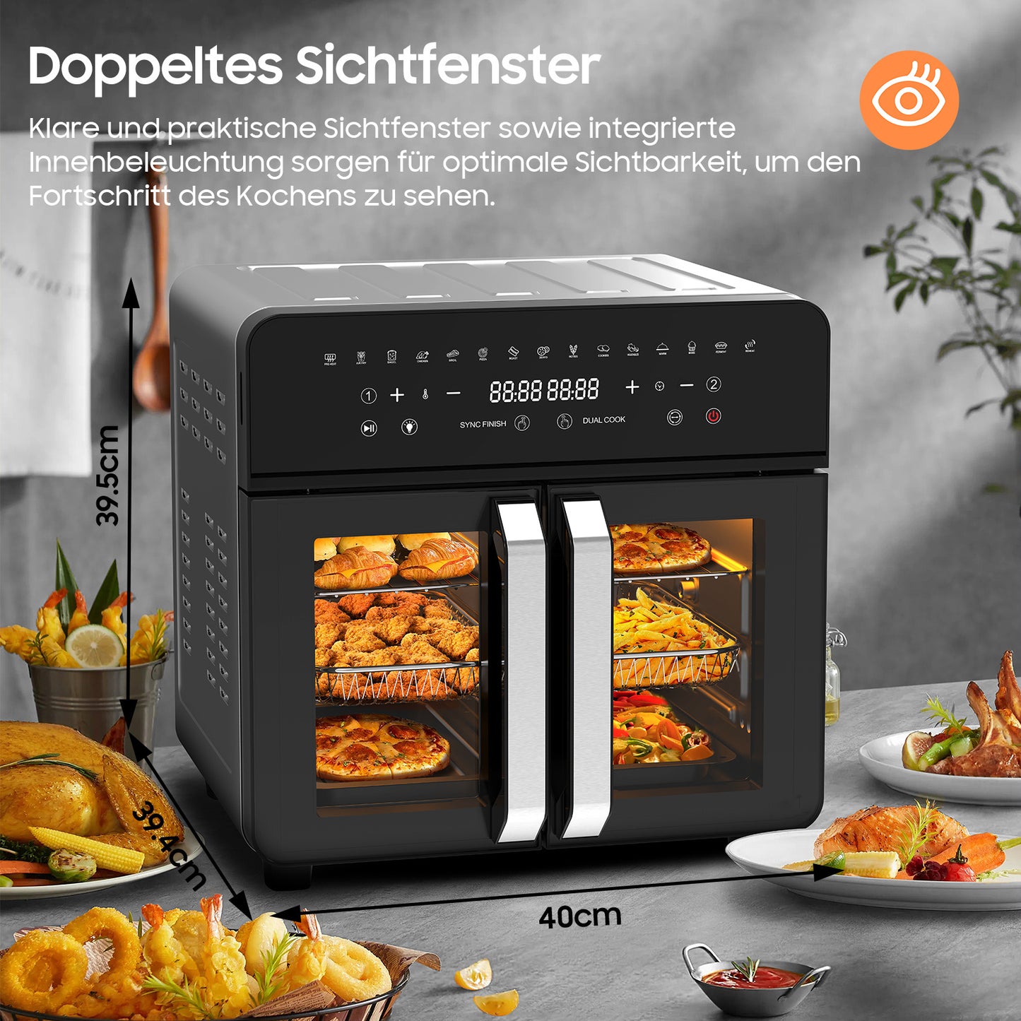 XXL Airfryer – Friteuse – Heteluchtoven – Elektrische Oven – Kooktoestel – Zwart – 23 Liter Inhoud – Dubbele Kookzones Met LED Touchscreen