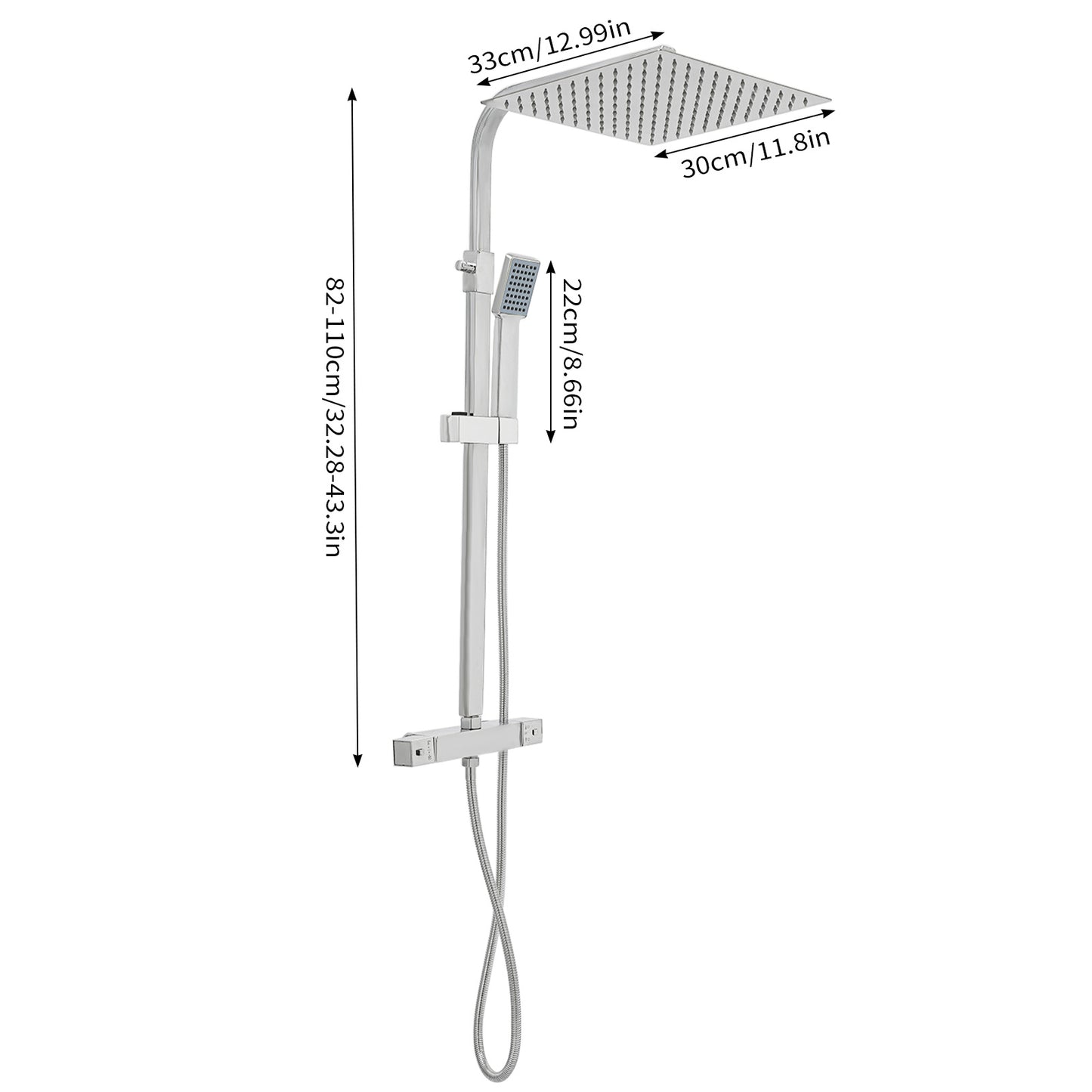 Douchekop – Regendouche – Hoofddouche – Handdouche – Doucheset – Thermostatisch – 30 cm Vierkant – Messing & Roestvrij Staal – Constante Watertemperatuur – Compacte Wandmontage