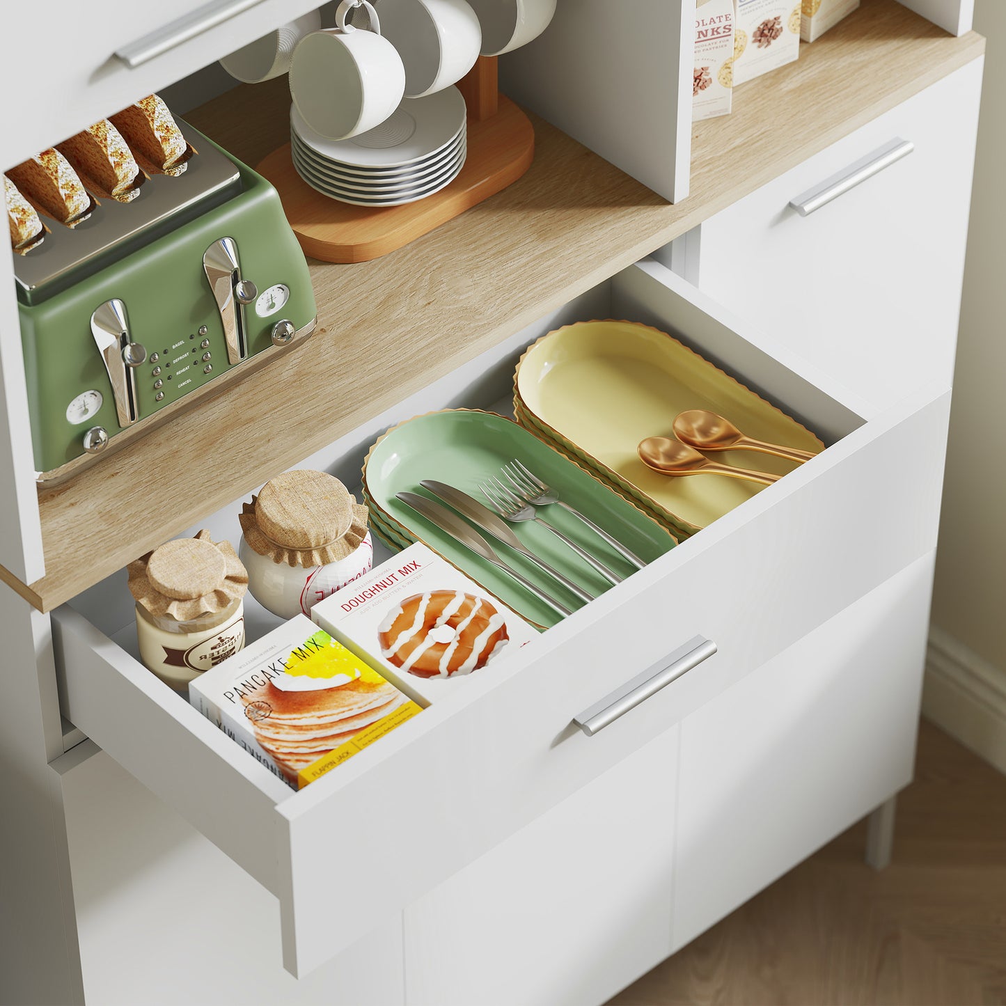 Keukenkast – Keukenmeubel – Opbergkast – Buffetkast – Onderkast – Wit MDF – Met Open Planken en Wijnrek – 5 Deuren