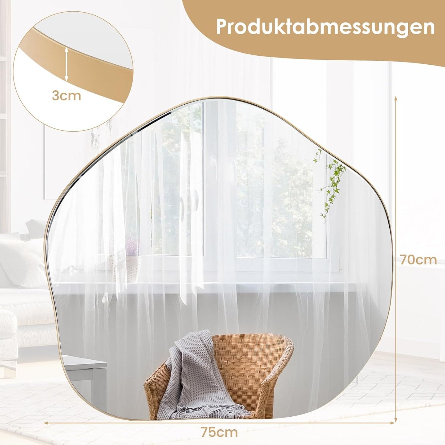 Irreguliere Wandspiegel – Asymmetrische Spiegel – Wanddecoratie – Interieur Spiegel – Deko Spiegel – HD Spiegelreflectie – Houten Frame 75x70 cm – Gouden Variant