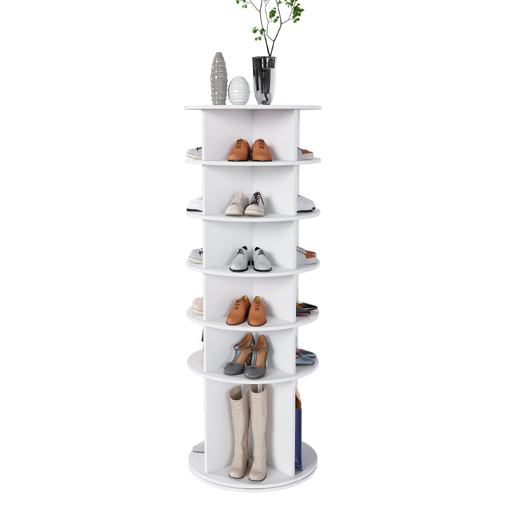 6-tier Rotating Shoe Rack | 360° Swivelling, Accommodates 24 Pairs of Shoes, Extra-High Base for Storing Boots, White, Metal, Floor Mount, Dimensions: 60x60x161cm