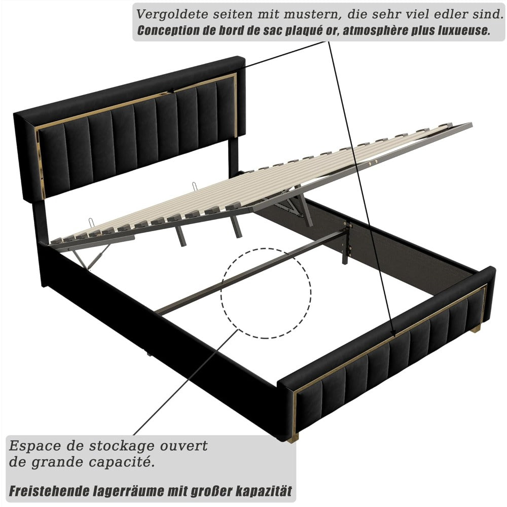 Bedframe – Tweepersoonsbed – Fluwelen Bed – Opbergbed – Hydraulisch Bed – Zwart – Met Hoofdeind – Houten Lattenbodem – Makkelijk Te Monteren