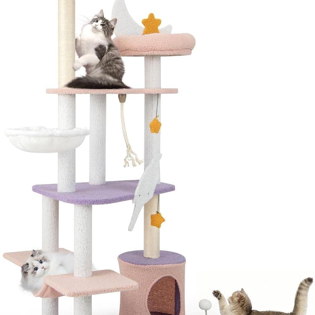 Kattentoren – Kattenmeubel – Krabpaal – Kattenboom – Krabmeubel – Multi-Level Speelparadijs – Natuurlijke Sisal Krabpalen – Comfortabele Hangmatten en Huisje – Paars-Roze