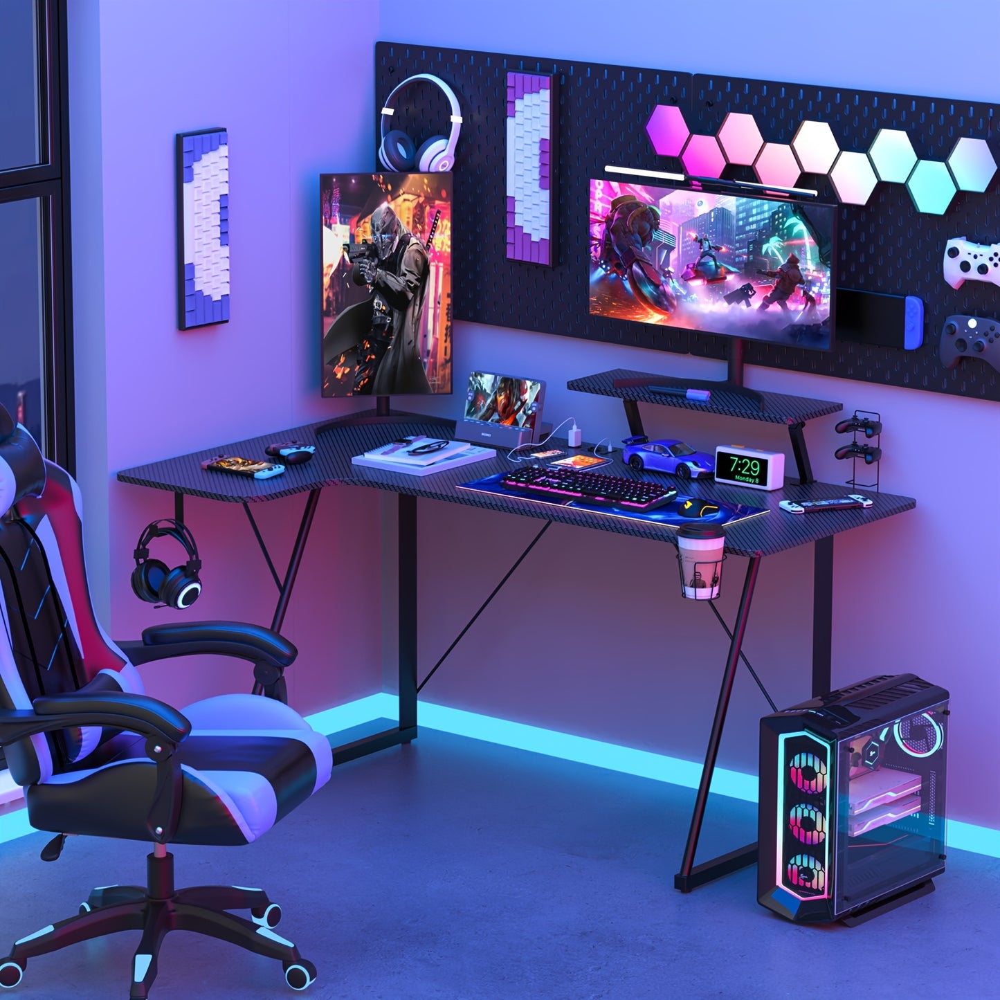 Gaming Tafel – Game Bureau – Werkplek Bureau – Gaming Desk – Computer Tafel – Zwart – Ergonomisch Design – Carbon Fiber Bovenblad – 150x90-40x75 cm – 150 kg Draagvermogen – Inclusief Controllerhouder & Koptelefoonhaak