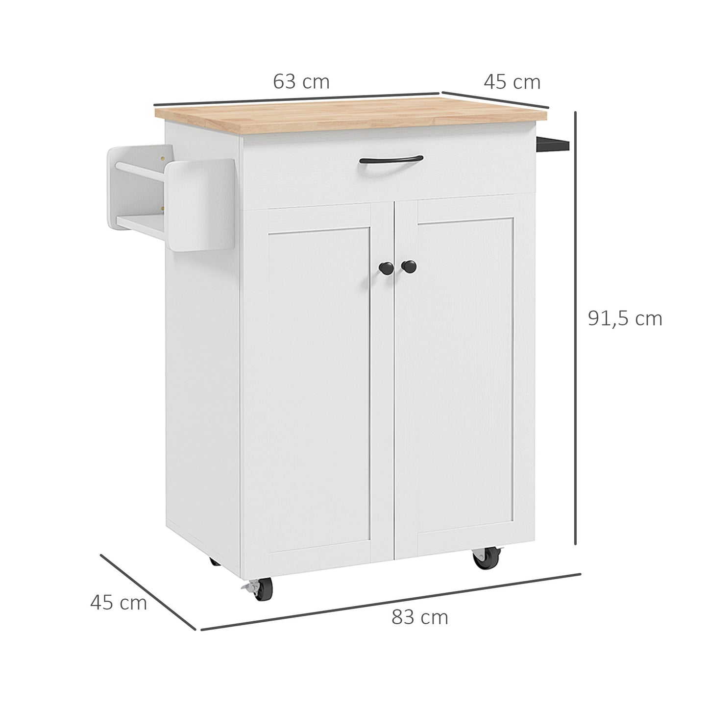 Keukentrolley – Keukenwagen – Serveerwagen – Keukenmeubel – Keukenkar – Wit Met Hevea Houten Blad – Veel Opbergruimte En Makkelijk Verplaatsbaar