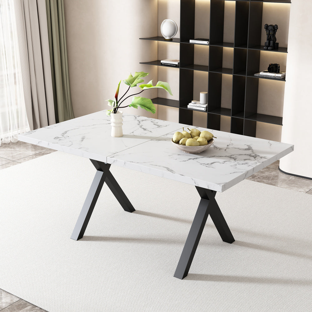 Uitbreekbare Eettafel – Uitklapbare Tafel – Verlengbare Tafel – Woonkamer Tafel – Keuken Tafel – Marmerlook Blad – Zwarte Metalen Poten – 140x80x76 cm – Wit MDF