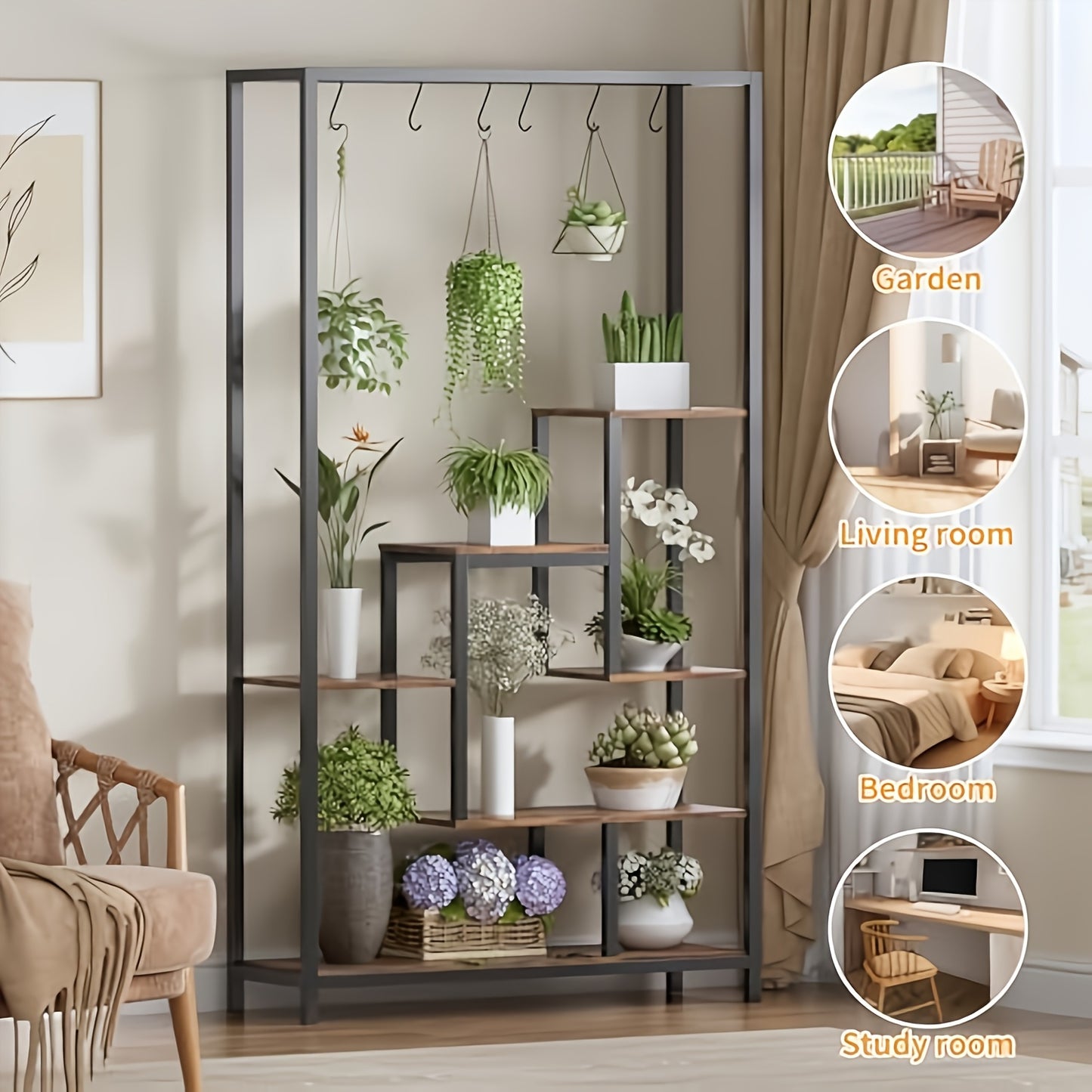 Plantenrek – Plantenstandaard – Bloemenrek – Plantentrap – Plantentafel – 179 cm Hoog – 5-Lagen Hout Met 6 S-Haken – Geschikt Voor Binnen & Buiten