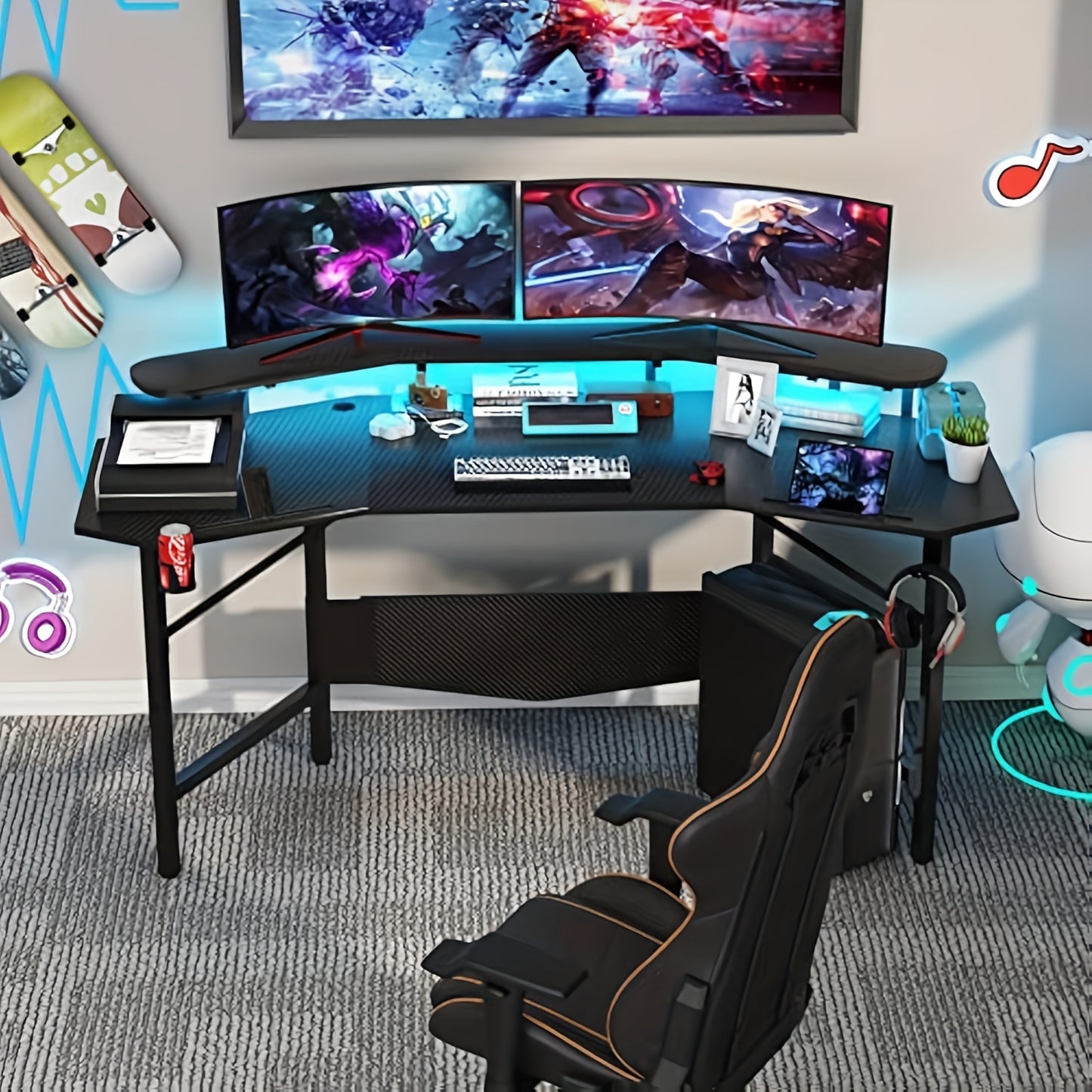 Gamingbureau – Gamebureau – Computertafel – Bureautafel – Gamingtafel – Met Bekerhouder En Koptelefoonhaak – 180x60x75 cm – Zwart – Met Metalen Frame En Monitorstandaard