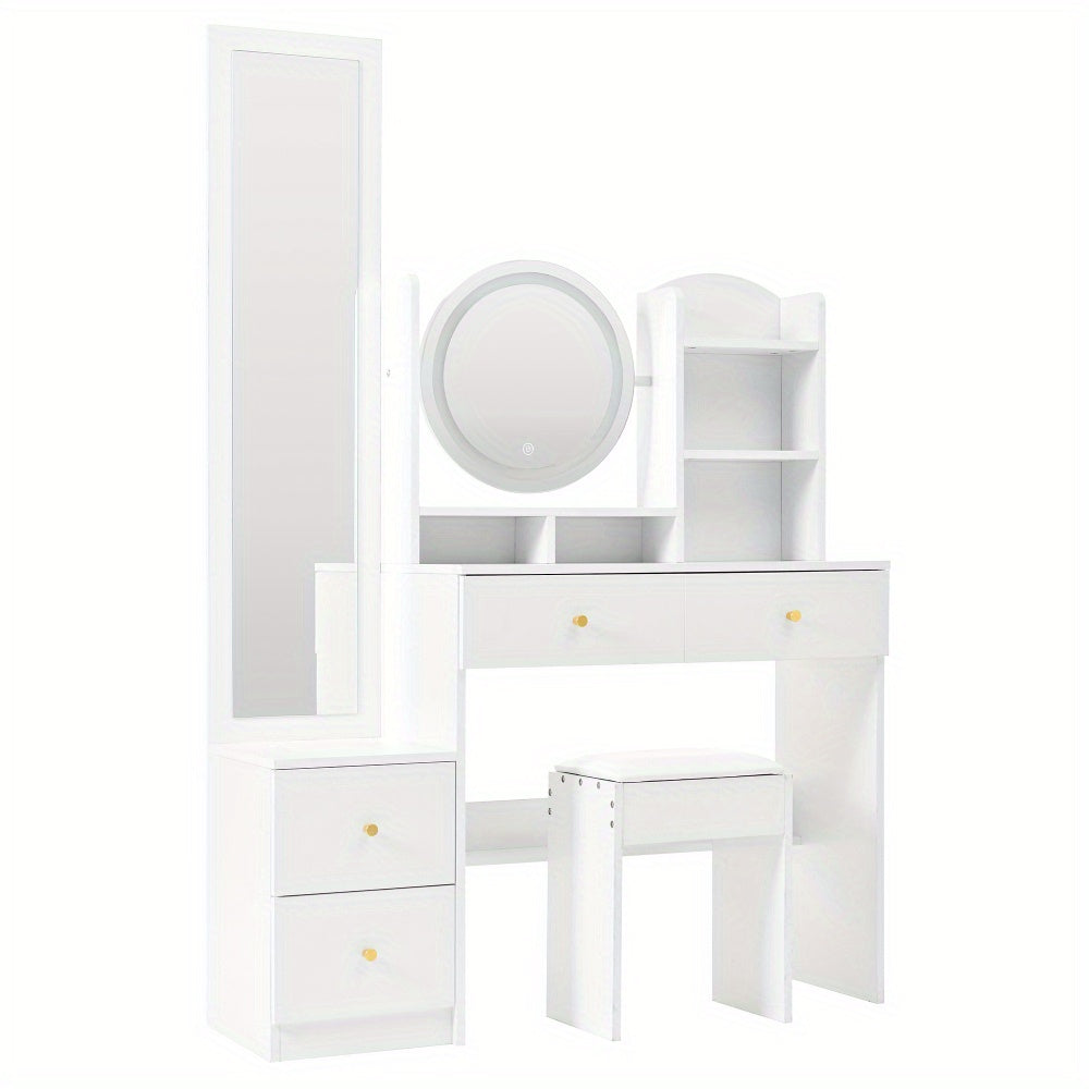 Kaptafel – Make-uptafel – Schminktisch – Dressing Table – Witte 4-in-1 Kaptafel met Spiegel en Kruk – Grote Spiegel en Ruime Opberglades – Compact en Stijlvol Design