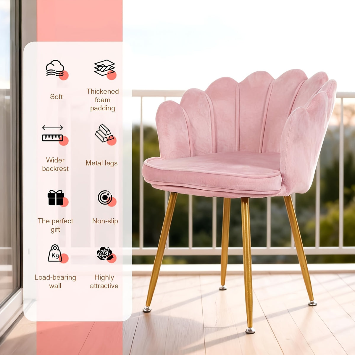 Pink Velvet Dressing and Dining Chair | Petal-shaped Backrest and Armrests with Golden Metal Legs, Suitable for Bedroom, Dining Room, Study - MSFE