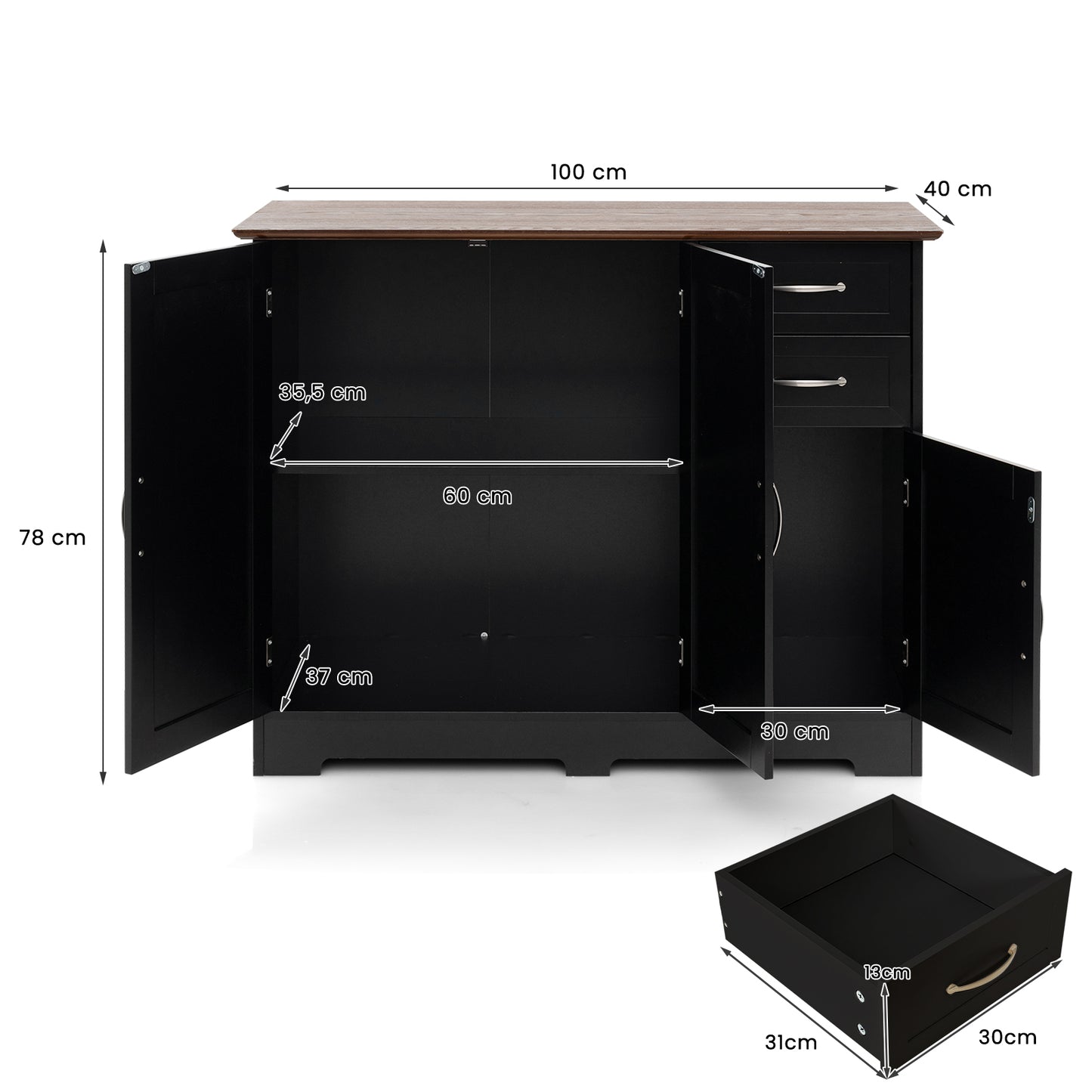 Dressoir – Opbergkast – Ladekast – Buffetkast – Keukenkast – MDF & Metaal – 100x40x78 cm – Magnetische Sluitingen