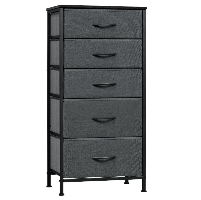 Ladenkast - Dressoir Kasten - Ladekast met 5 Stoffen Lades - Vintage Houtlook – Stabiele Opbergkast - Metaal Frame – Voor Slaapkamer - Woonkamer - Hal - 45.5x95.5 x30cm - Donkergrijs - QUORE