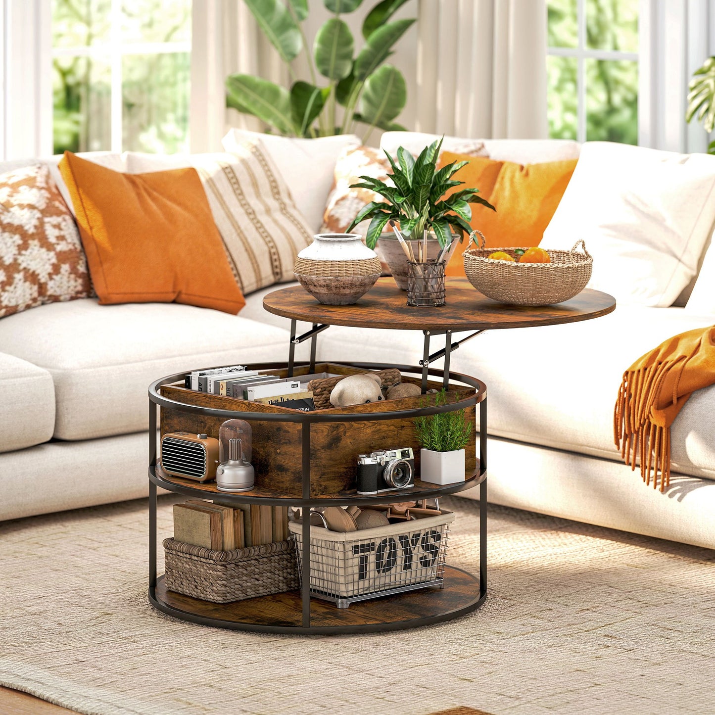 Salontafel – Koffietafel – Bijzettafel – Tafel – Rond – Met Liftfunctie – Verstelbare Hoogte & Opbergruimte – Stalen Frame & Melamine Afwerking – Bruin