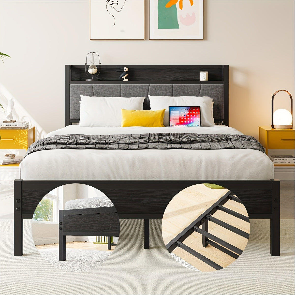 Metalen Bedframe – Stalen Bed – Bedbodem – Boxspringvrij Bed – Gestoffeerd Bed – 140x200 cm – Bekleed Hoofdbord – Stevige Constructie
