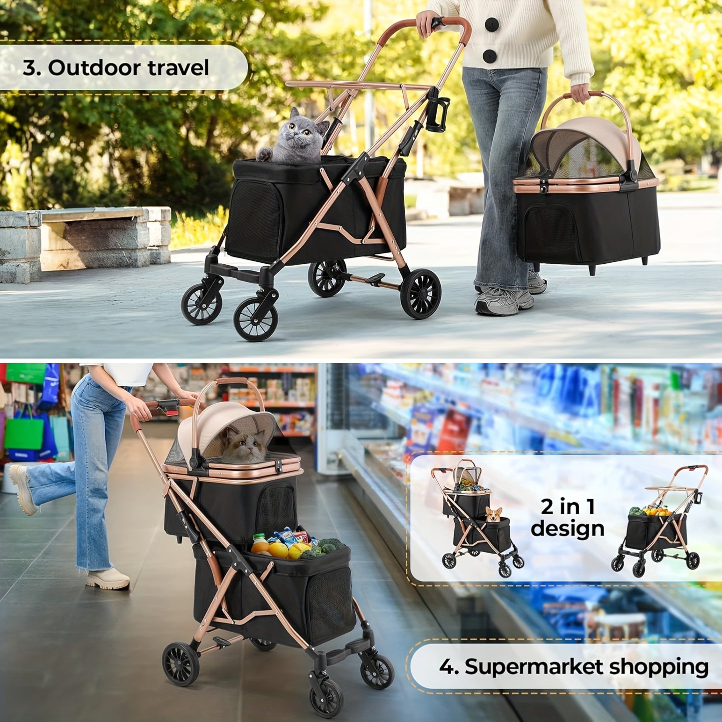 Hondenbuggy – Dierenwagen – Wandelwagen – Hondenkar – Hondenwagen – Dubbeldekker 2-laags – Opvouwbaar – Max 15 kg – Mesh Ventilatie – Bekerhouder