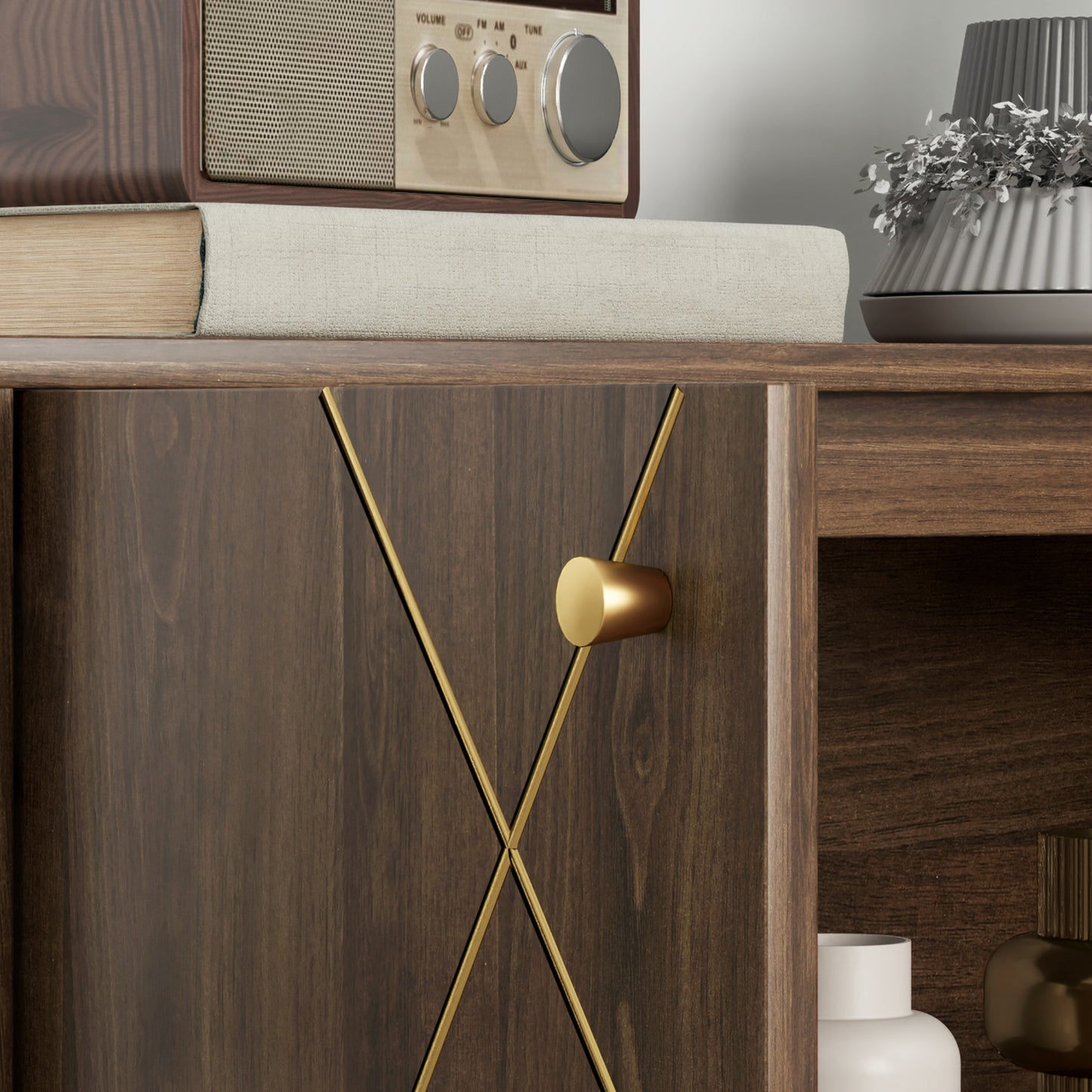 Dressoir – Opbergkast – Woonkamerkast – Buffetkast – Sideboard – Kastanjebruin Met Gouden Stalen Accenten – Verstelbare Planken – Anti-Kantel Systeem