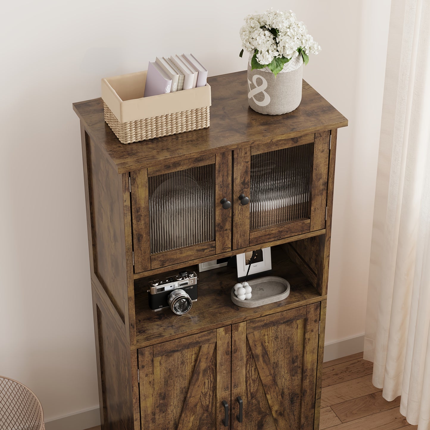 Kast – Opbergkast – Bergkast – Badkamerkast – Kast Met Glazen Deuren – 127 cm Hoog – MDF Materiaal – Verstelbare Planken – Vrijstaand – Anti-Kantel Veiligheid – Modern Bruin Design
