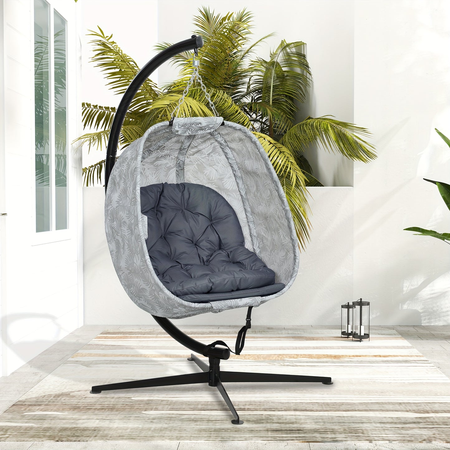 Hangstoel Vouwstoel Schommelstoel Relaxstoel Egg Chair – Grijs Kussen – Zwart Metaal Frame – Handmatig Verstelbare Rugleuning – Compact Opvouwbaar – Weerbestendig
