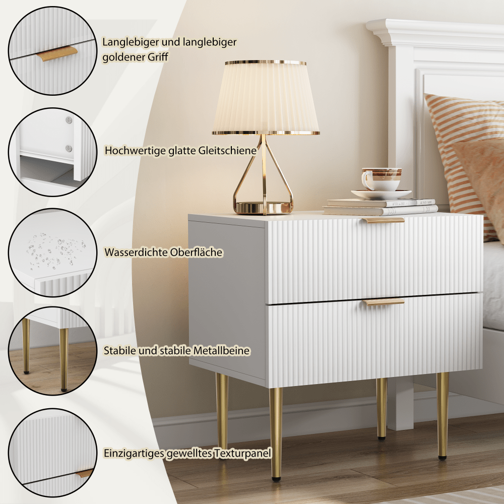 Nachtkastje – Bedside Table – Nachtkast – Bijzettafel – Opberglade – Modern Design – 2 Lades – Stevige Metalen Poten – Compact 53x41,5 cm