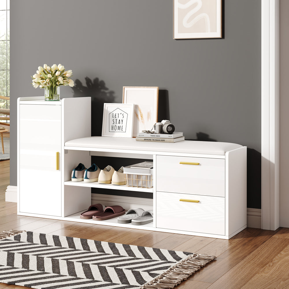 Modern White High-Gloss All-in-One Shoe Cabinet with Bench, Shoe Rack, 2 Drawers & Cupboard - Soft-Padded, -Standing Entryway Storage Furniture Suitable for, Hallway, Office - Space-Saving Organization, Easy Assembly