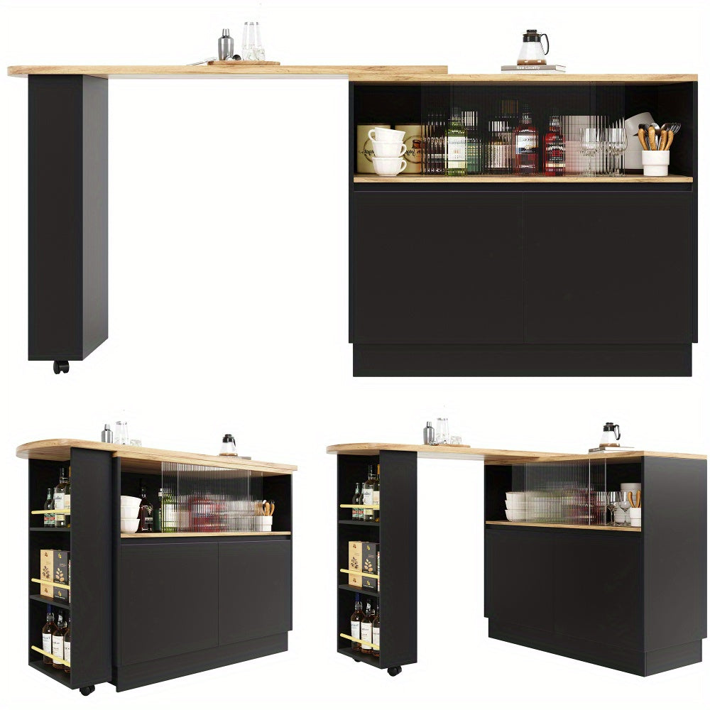 Modern 360° Rotating Bar Table with Shelves & Glass - 90x45x100cm Multifunctional Metal Frame, Minimalist Design for Kitchen & Dining Room, Space-Saving Storage Solution, Easy Assembly, No Power Needed, Sleek Finish, Contemp