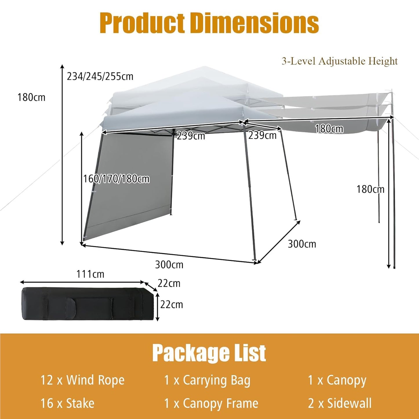 Pop-up Partytent – Partytent, Vouwtent, Tuin Tent, Gazebo – Verstelbare Zijpanelen, Stevig Metalen Frame – 3x3 Meter, Draagbare Tent Met Draagtrolley Grijs