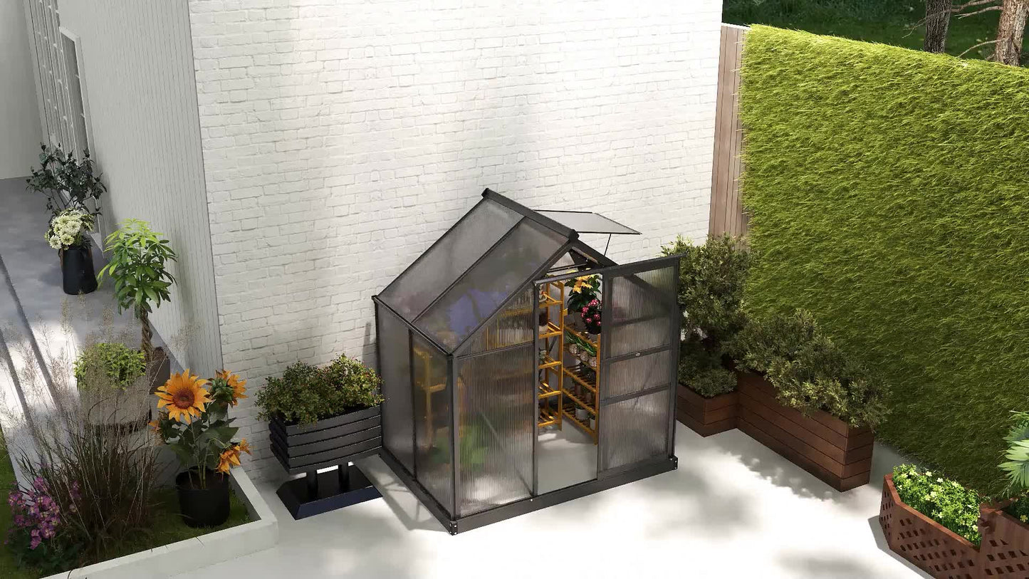 Polycarbonaat Kas – Tuinkas – Serre – Groentekas – Kweekkas – Aluminium Frame – Dubbelwandig Polycarbonaat – 2,51 m² – UV-Bestendig – Versterkte Basis – Schuifdeur – Goot – Grijs