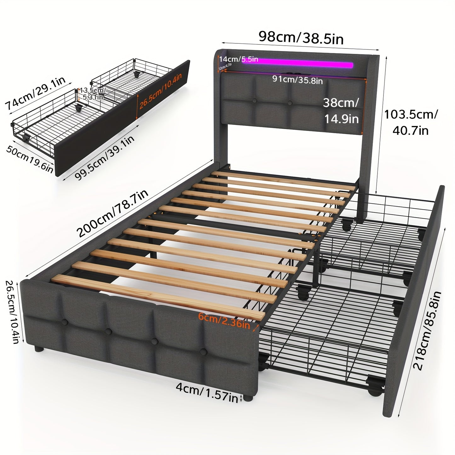 Eenpersoonsbed – Bedframe – Single Bed – Opbergbed – Slaapbank – 90x200 cm – Met 2 Opberglades – Stevige Houten Lattenbodem