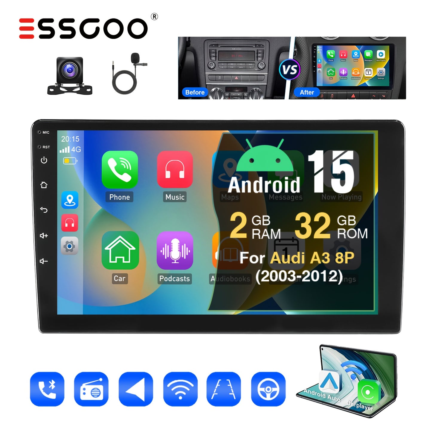 Android 15 Autoradio – Multimedia Speler – Navigatiesysteem – Touchscreen Radio – Carplay Unit – 9 Inch IPS Scherm – CAN Bus Support – Inclusief Microfoon & AHD Achteruitrijcamera