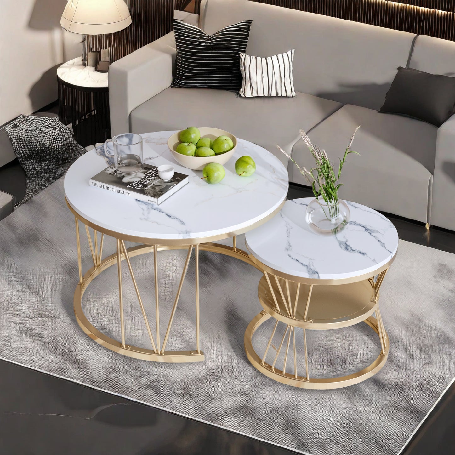 Salontafel Set – Moderne Ronde Tafels – Bijzettafel – Lage Tafel – Woonkamer Tafel – Gouden Metalen Frame – Wit Marmerblad – Nestbaar & Ruimtebesparend – Lichtgewicht & Makkelijk Verplaatsbaar