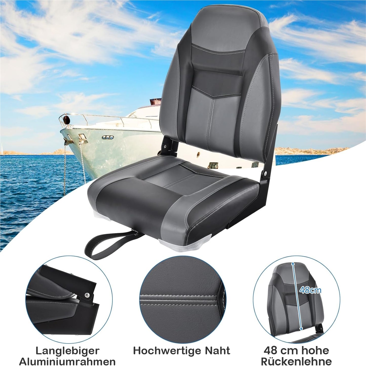 Bootstoel – Bootstoel Klapstoel Stuurstoel Bootmeubel – Vouwbaar – Ergonomische Hoge Rugleuning – 10 cm Dik Schuim – Set van 2 Zwart