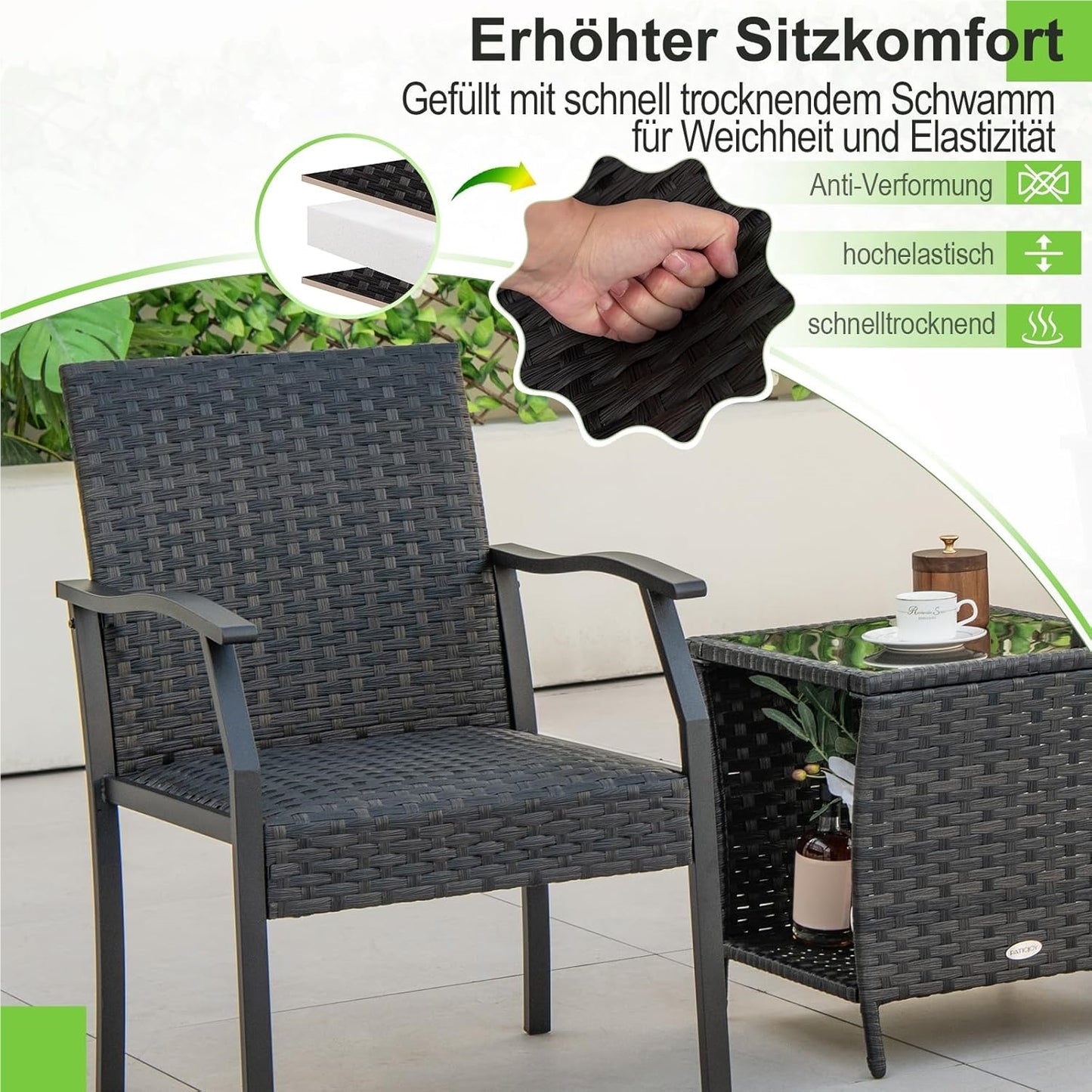 3-delige Tuinmeubelset – Balkonset – Rattan Meubels – Tuintafel Met Stoelen – Buitenmeubelset – Weerbestendig PE Rattan – Snel Droog Schuim Zittingen