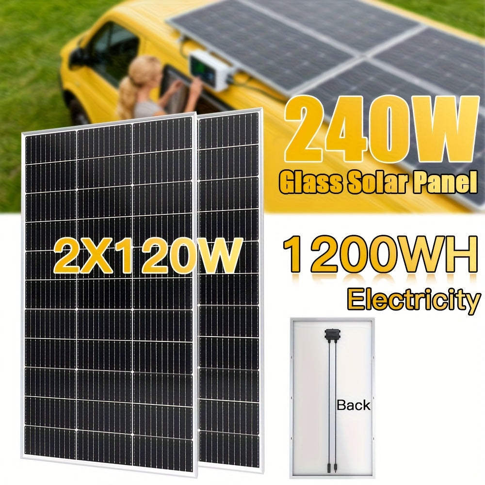 Zonnepanelen Set – Solar Panel – Zonnepaneel – Photovoltaïsch Paneel – Zonne-energielamp – 2x120W 240W Totaal – Monokristallijn – Hoge Efficiëntie – Glasbescherming – MC4 Connectoren – 21,5V Voor 12V/24V Systemen