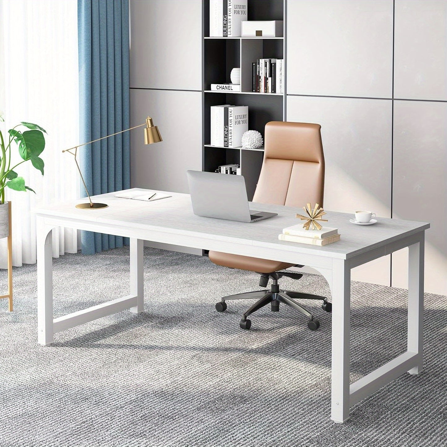 63-Inch Executive Desk, Large Office Computer Workstation with Thicken Frame in White for Home Office