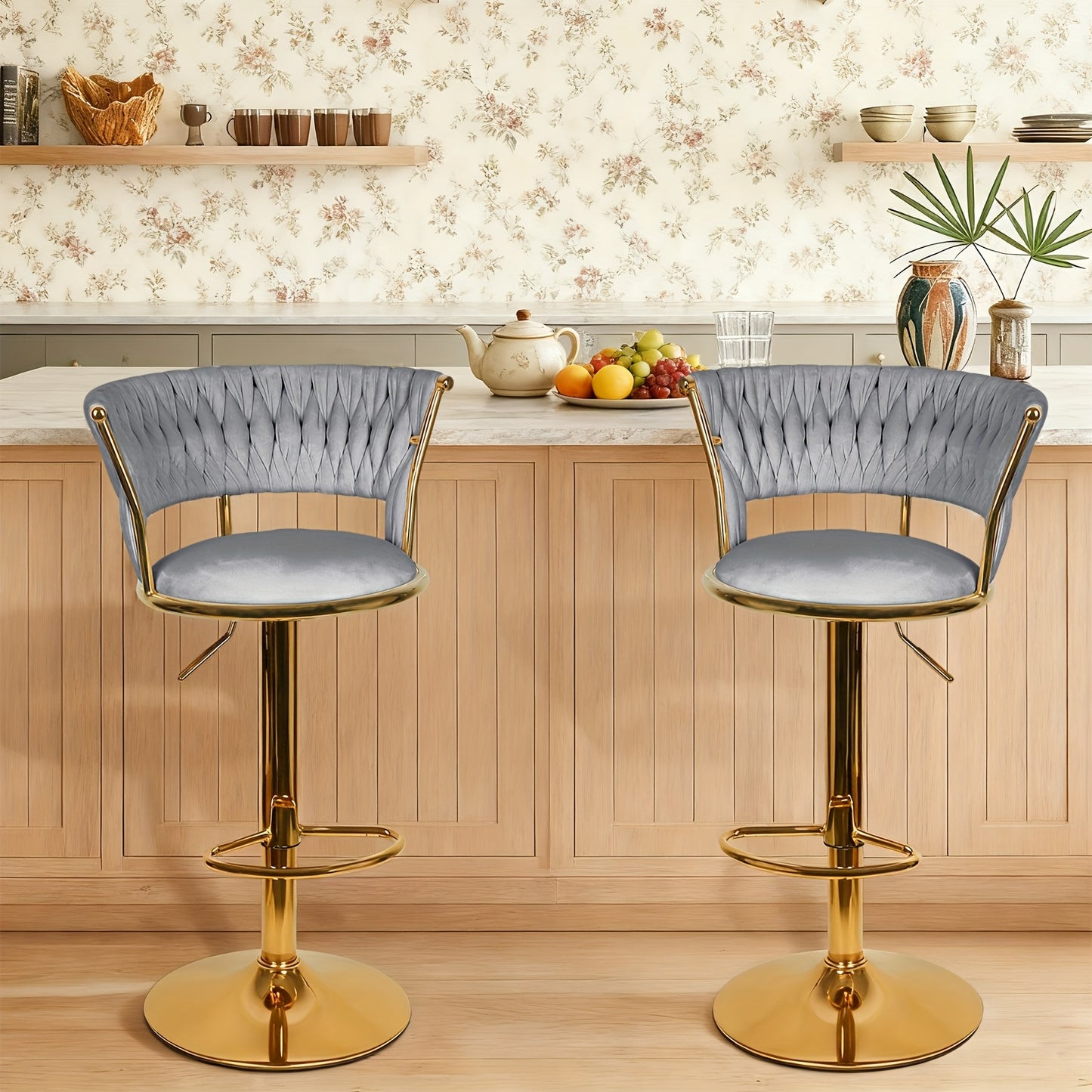 Barkrukken – Barstoel – Barstoelen – Keukenstoel – Krukken – 2 Stuks – Verstelbare Zithoogte 82-100 cm – Fluwelen Bekleding Met Gouden Metalen Poten