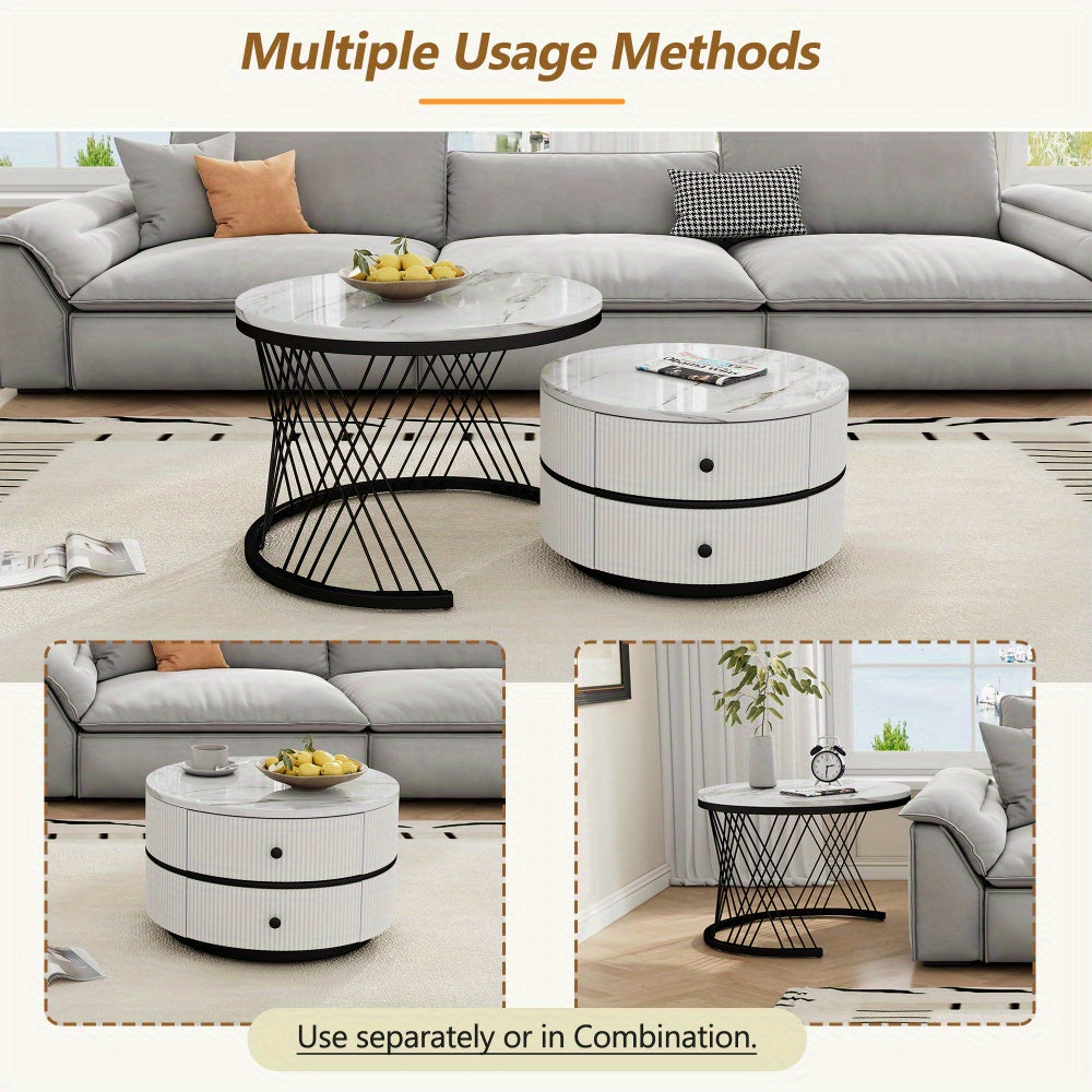 Salontafel Set – Koffietafel Set – Bijzettafel Set – Nestbare Tafels – Ronde Salontafels – Hoogglans Marmerlook – 2 Drawers – 60x60 & 50x50 cm - Wit