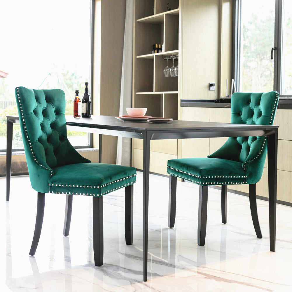 Set of 2 Modern Luxury Tufted Velvet Dining Chairs - Plush Upholstered Seats with Nailhead Trim, Dark Brown/Black Legs & Neutral-Toned Cushion, Easy-Clean Fabric for Contemporary Dining Room, Living Room, or Office - Multi-Co