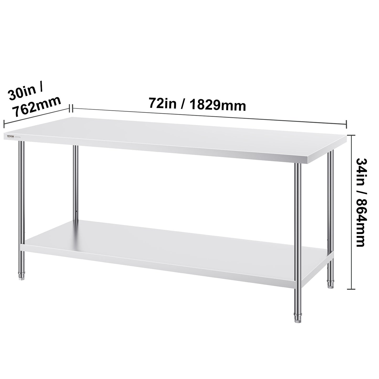 RVS Werktafel – Werkbank – Werkblad – Keukentafel – Werkplek – Roestvrij Staal SUS201 – 183x76x86 cm – 3 Verstelbare Legplanken