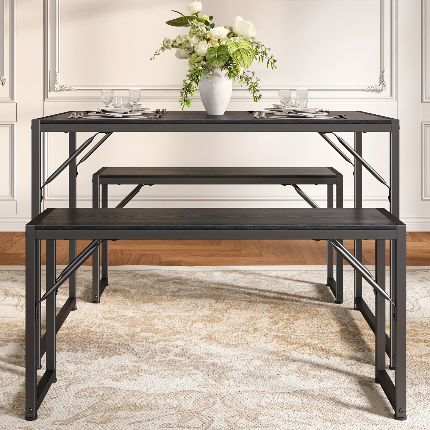 Eettafelset – Eetkamerset – Eethoek – Keukentafelset – Tafel met banken – Waterafstotend tafelblad – Industrieel stalen frame – Vintage kleur