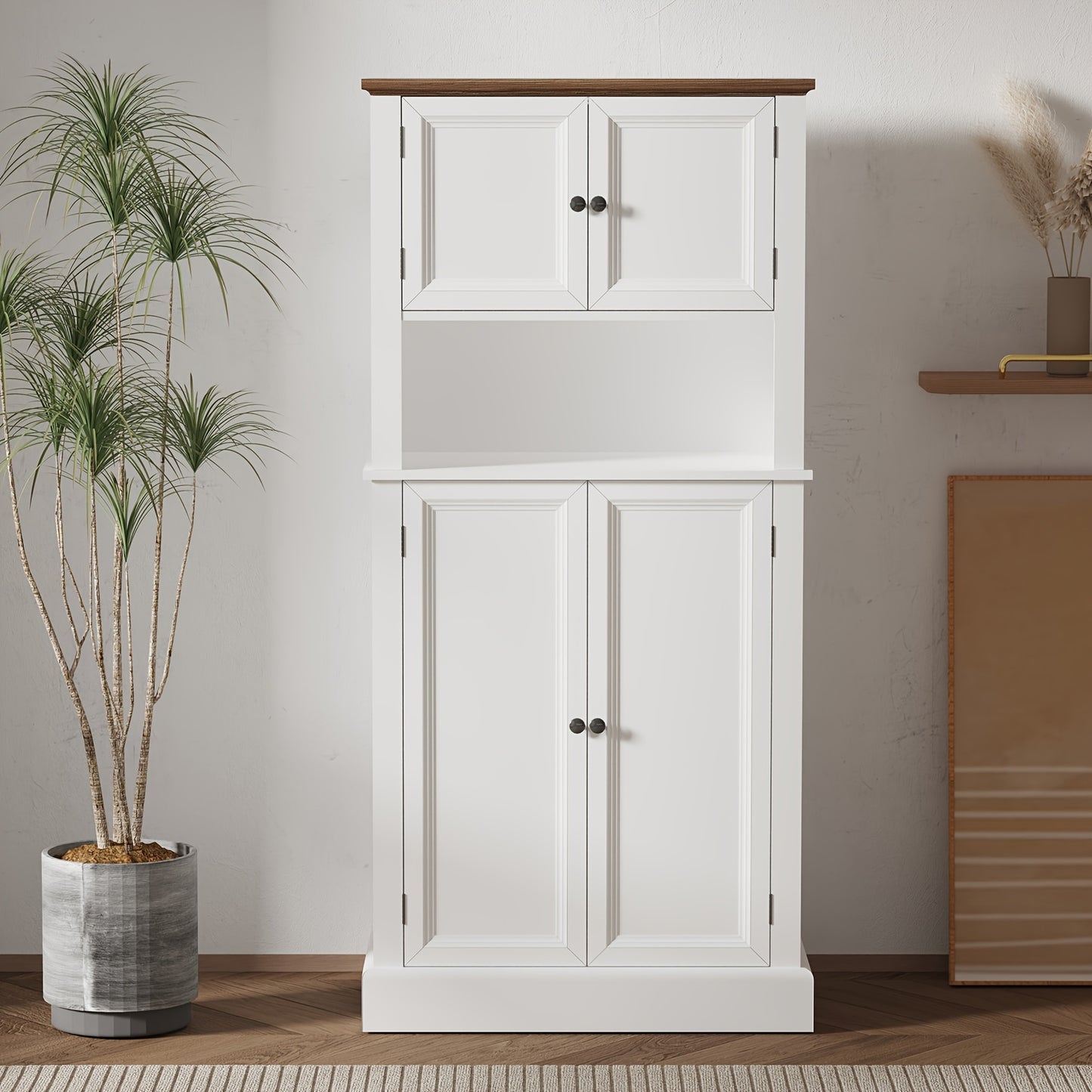 Hoge Bergkast Keukenkast – Opbergkast – Voorraadkast – Keukenkastje – Kast Met Blad – 128 cm Hoog – 4 Deuren Met Werkblad – Wit Met Tigerstripe Design